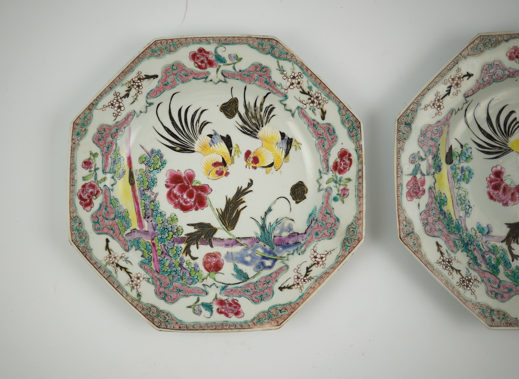 A pair of Chinese famille rose ‘cockerel’ octagonal plates, Yongzheng period